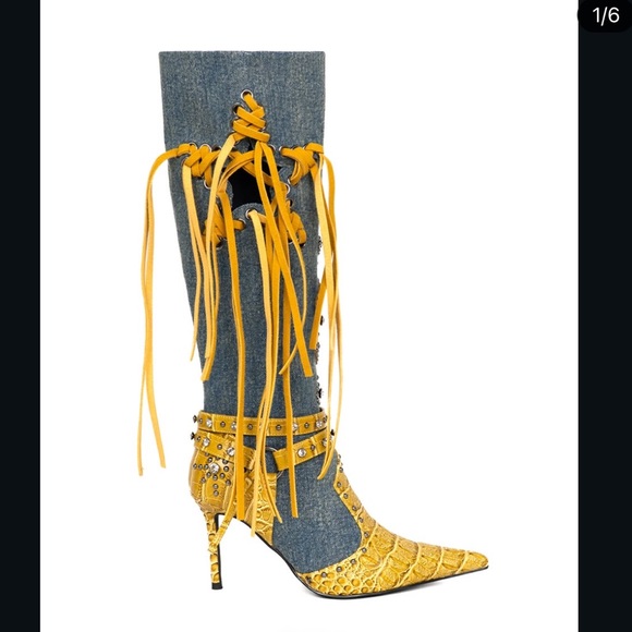 yello tokyo Shoes - Yello Tokyo - Edgy Yellow Croc Fringe Studded Crystal Y2K Denim Heeled Boots